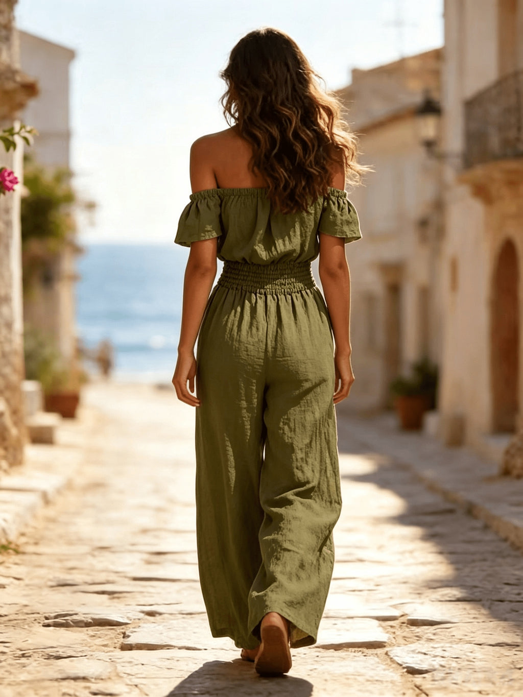 Vintage Off-the-Shoulder Sexy Sleeveless Drawstring Waist Wide-Leg Jumpsuit - Olive Green