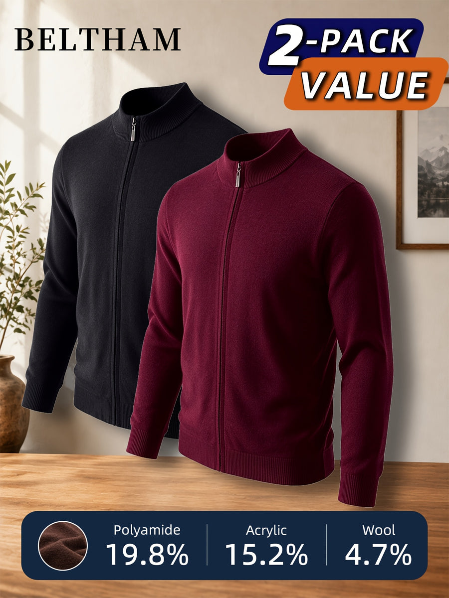 2pcs New Spring Autumn Winter Men'S Knit Cardigan, Ideal Gift for Father And Husband, Solid Color Zipper Design Sweater, Elegant Versatile Knit Cardigan Coat, Suitable for Daily Casual Business Sports Outdoor Camping Fishing Wear - Black+Wine Red