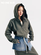 NO ONE ELSE Hooded Sweatshirt Jacket Women'S Spring Autumn Distressed Kangaroo Pocket Long Sleeve Baseball Top - Carbon Ink Gray