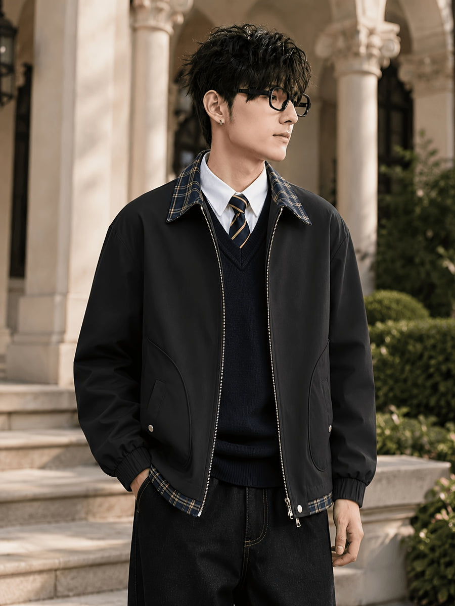 Men'S Spring Autumn Lapel Jacket, Retro Plaid Patchwork Collar Design, Loose Short Casual Top, Zippered Cardigan with Elastic Cuffs, Preppy Style Versatile Outerwear, Suitable for Commute, Campus, Streetwear, And Daily Wear - Black
