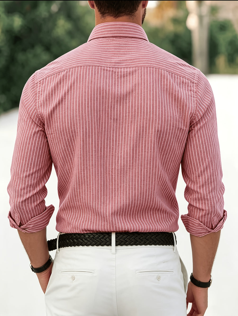 Classic Men's Striped Oxford Shirt with Chest Pocket, Button- Collar, Versatile Long-Sleeve Top for Daily Commute - Red Stripes