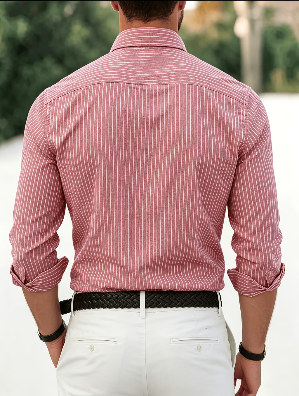 Classic Men's Striped Oxford Shirt with Chest Pocket, Button- Collar, Versatile Long-Sleeve Top for Daily Commute - Red Stripes