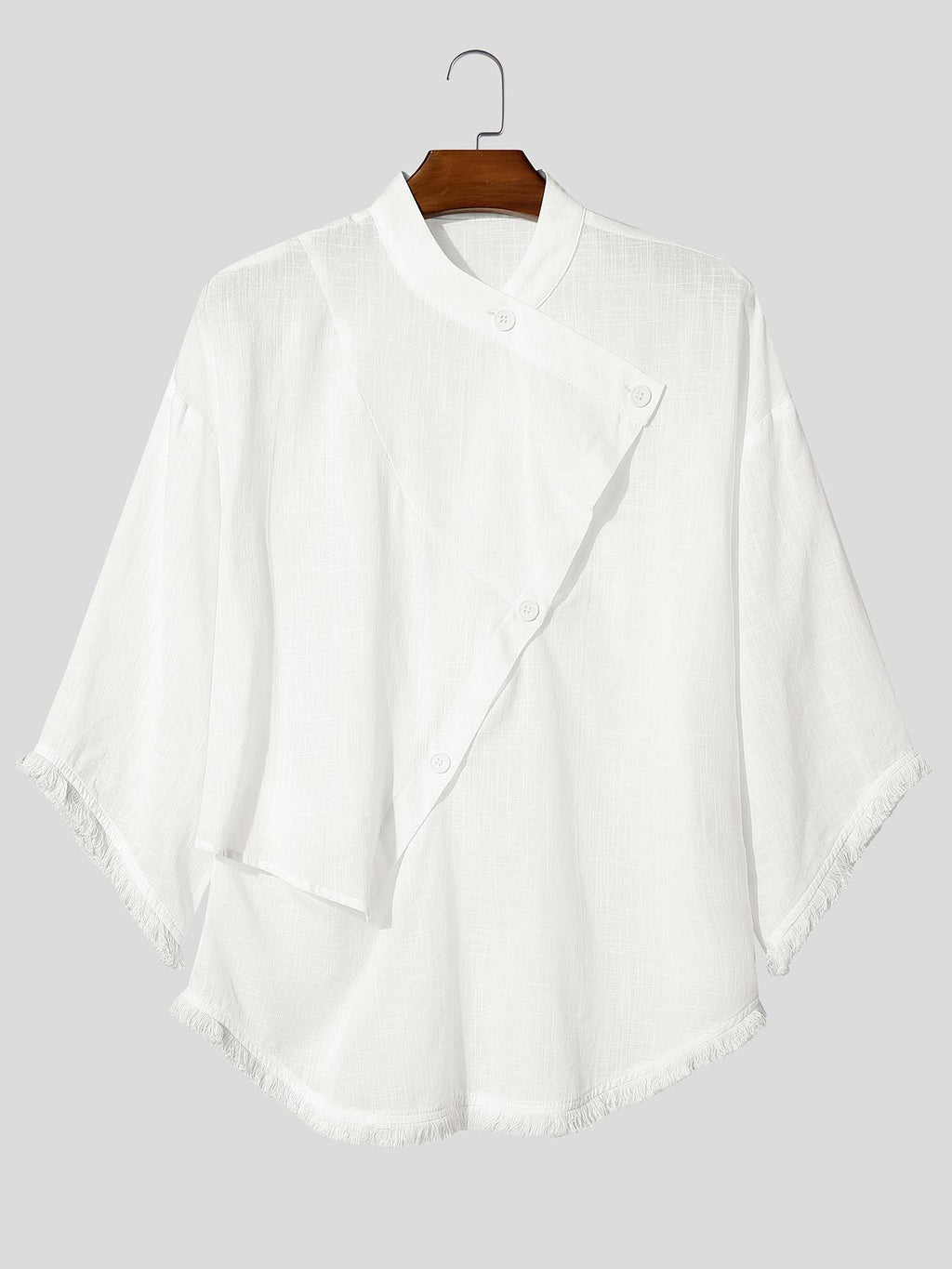 Men Leisure Tops Tassel Decor Stand Collar Half Sleeve Loose Thin Outdoor Street Summer Casual Shirt - White