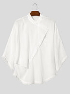 Men Leisure Tops Tassel Decor Stand Collar Half Sleeve Loose Thin Outdoor Street Summer Casual Shirt - White