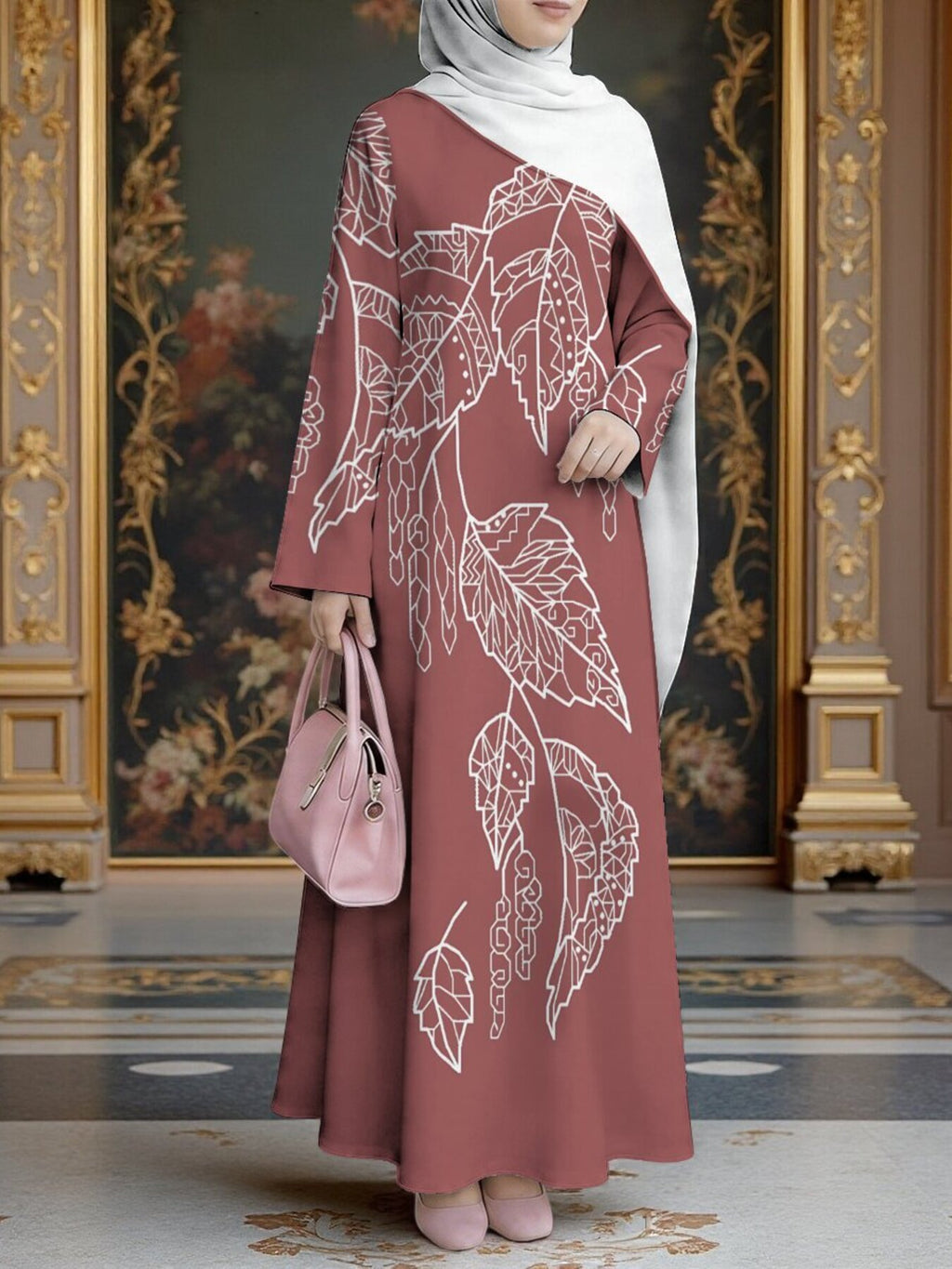 Women'S Hot Middle Eastern Style Muslim Elegant Robe, Brick Red White Line Leaf Print Long Dress, Loose Long Sleeve Flared Skirt, Social Prayer Family Gathering, Soft Texture Non-Embroidered Craft - Mixed colors