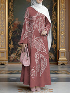 Women'S Hot Middle Eastern Style Muslim Elegant Robe, Brick Red White Line Leaf Print Long Dress, Loose Long Sleeve Flared Skirt, Social Prayer Family Gathering, Soft Texture Non-Embroidered Craft - Mixed colors