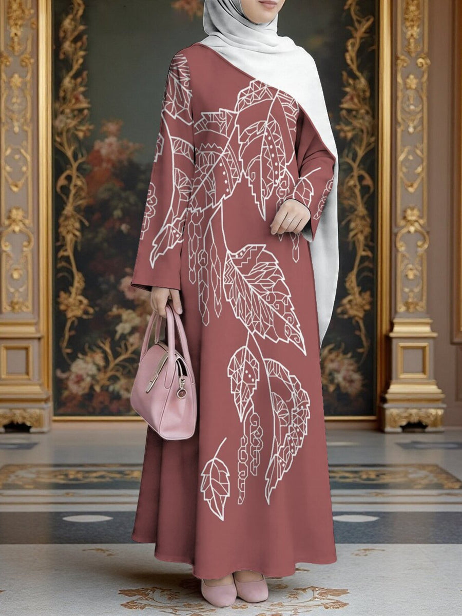 Women'S Hot Middle Eastern Style Muslim Elegant Robe, Brick Red White Line Leaf Print Long Dress, Loose Long Sleeve Flared Skirt, Social Prayer Family Gathering, Soft Texture Non-Embroidered Craft - Mixed colors