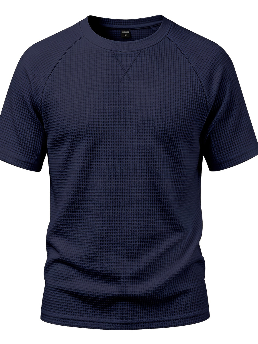 Men's Lightweight Waffle Knit Short Sleeve Shirt, Casual Crew Neck Textured T Shirt with Relaxed Fit Design, Breathable Comfortable Summer Pullover Top for Beach Vacation, Travel, Camping, Outdoor Sports and Casual Attire - Navy Color
