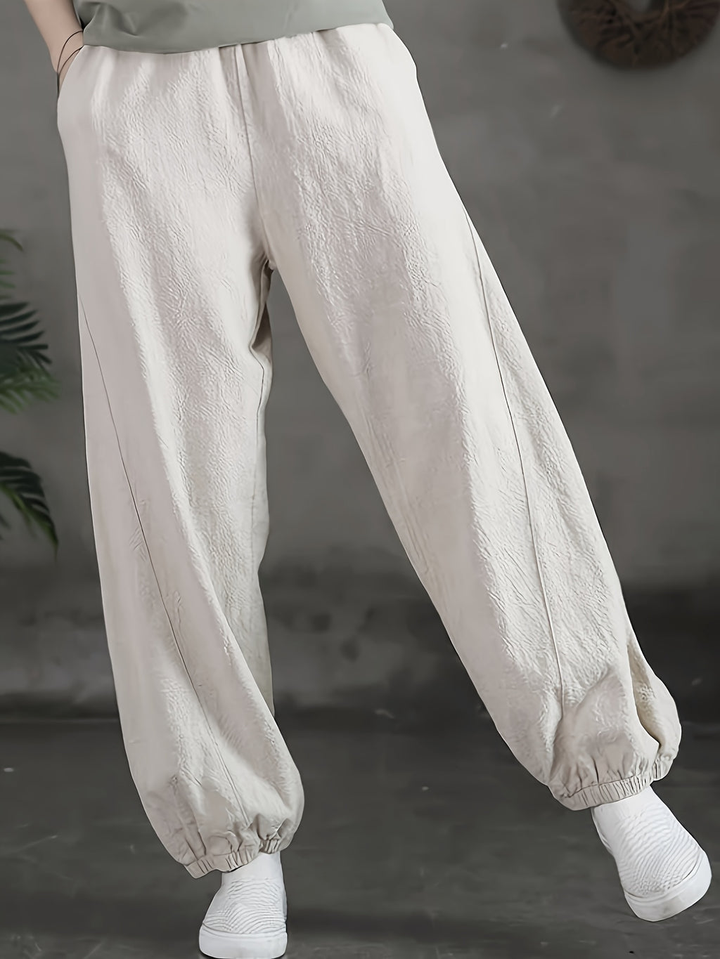 Loose and Breathable Vintage High-waist Tapered Patchwork Casual Wide-leg Long Pants Solid Color Casual Lantern Pants - Apricot