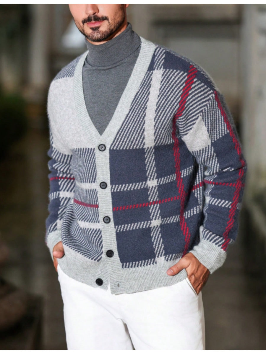 JANE DRESSINGLOG Men's Retro British Plaid Style V-neck Knitted Cardigan with Contrasting Colors, Large Plaid Single Breasted Loose Long Sleeved Sweater Jacket for Autumn and Winter Business Commuting, Daily Dating Outfits - Silvery Grey