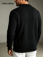 FORLENGKE Autumn Winter Men'S Lapel Zipper Knit Jacket, 3D Jacquard Textured Heavy Sweater Cardigan, Soft Skin-Friendly Thick Warm Long-Sleeve Top, Casual Commute Trendy Outerwear for Middle-Aged Men - Coal Black