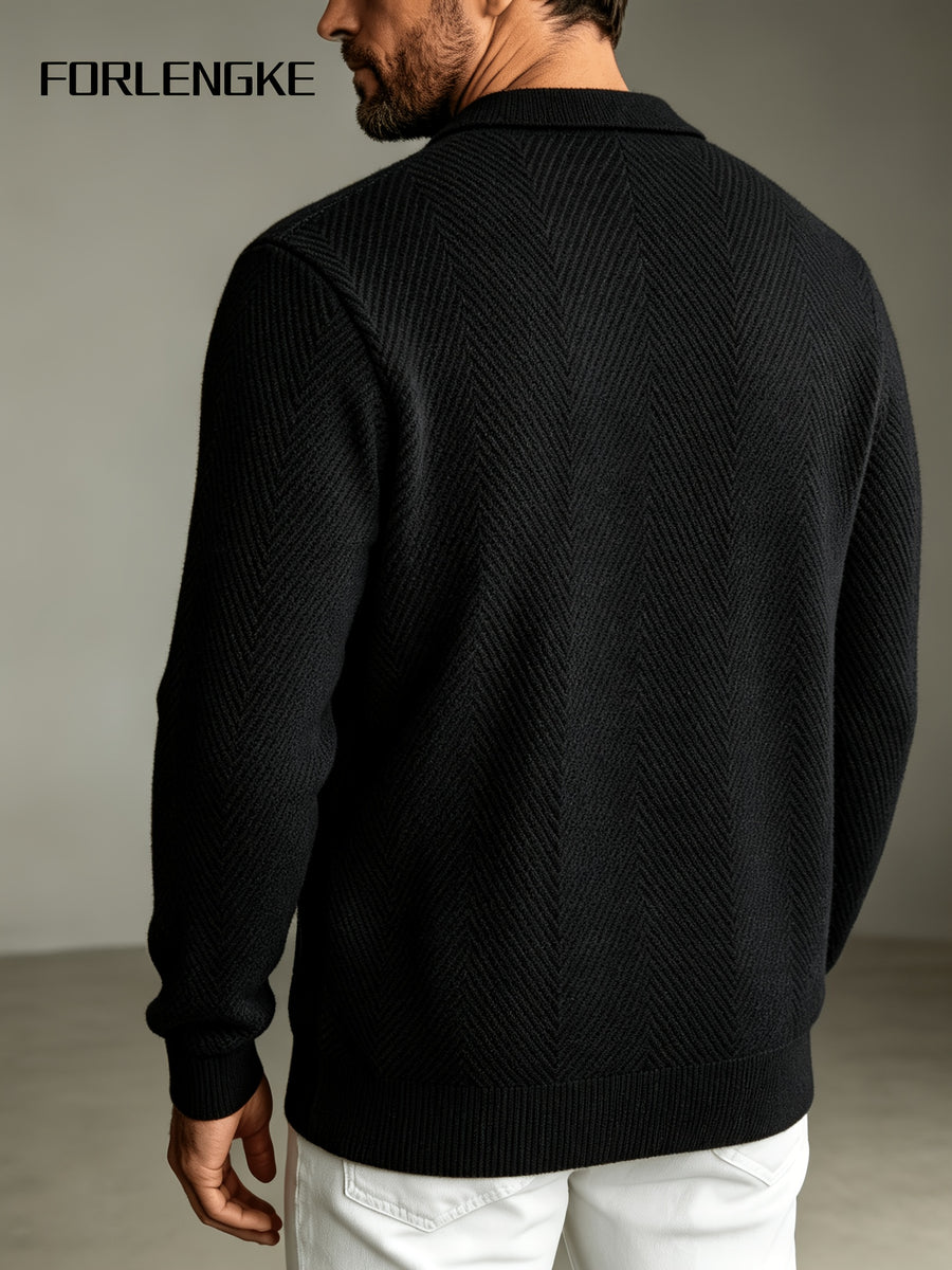 FORLENGKE Autumn Winter Men'S Lapel Zipper Knit Jacket, 3D Jacquard Textured Heavy Sweater Cardigan, Soft Skin-Friendly Thick Warm Long-Sleeve Top, Casual Commute Trendy Outerwear for Middle-Aged Men - Coal Black