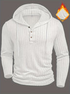 Men's Fashion Casual Textured Solid Color Long Sleeve Hooded Drawstring Button Henley Shirt for Autumn and Winter, New Season - White