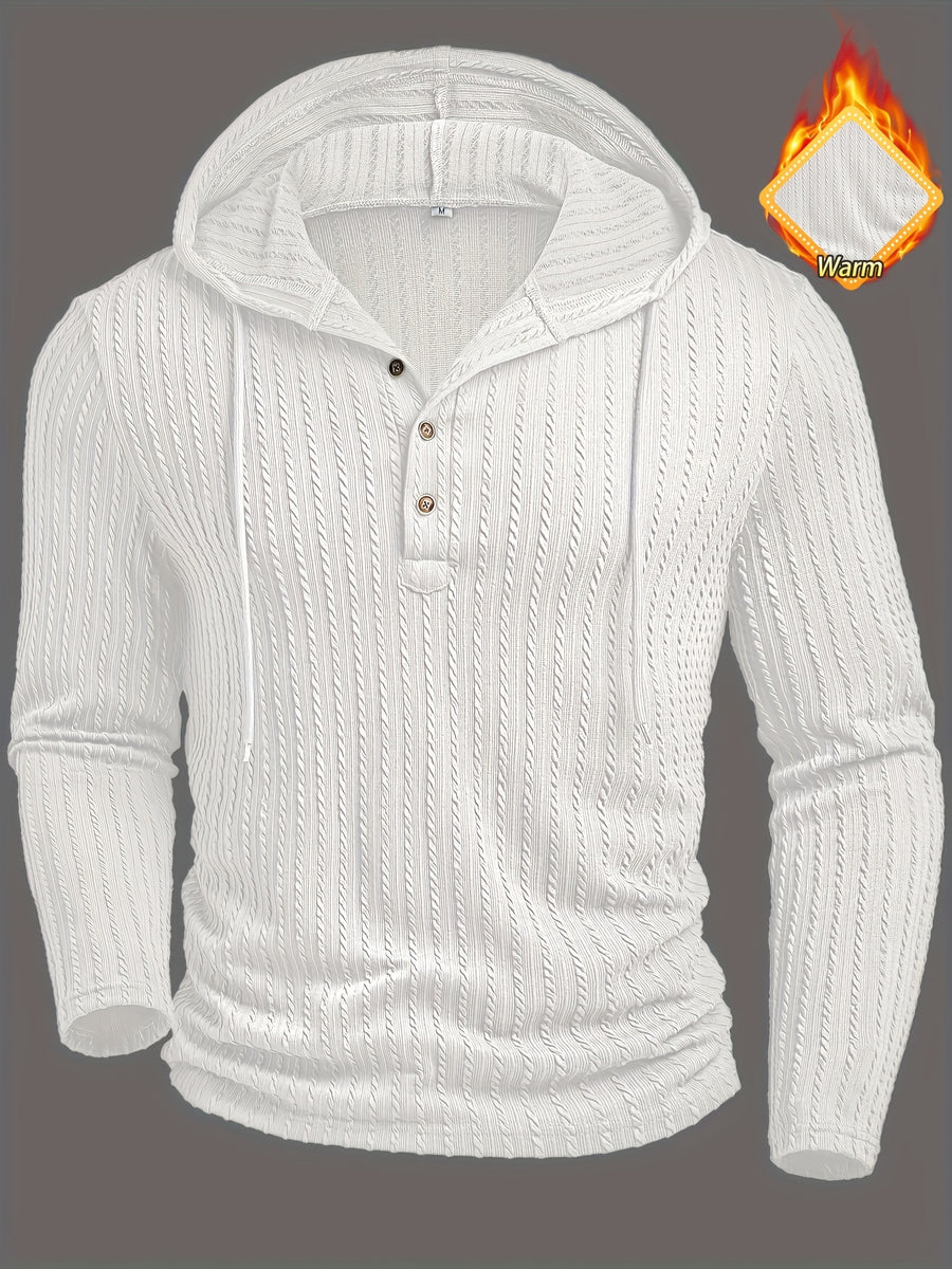 Men's Fashion Casual Textured Solid Color Long Sleeve Hooded Drawstring Button Henley Shirt for Autumn and Winter, New Season - White