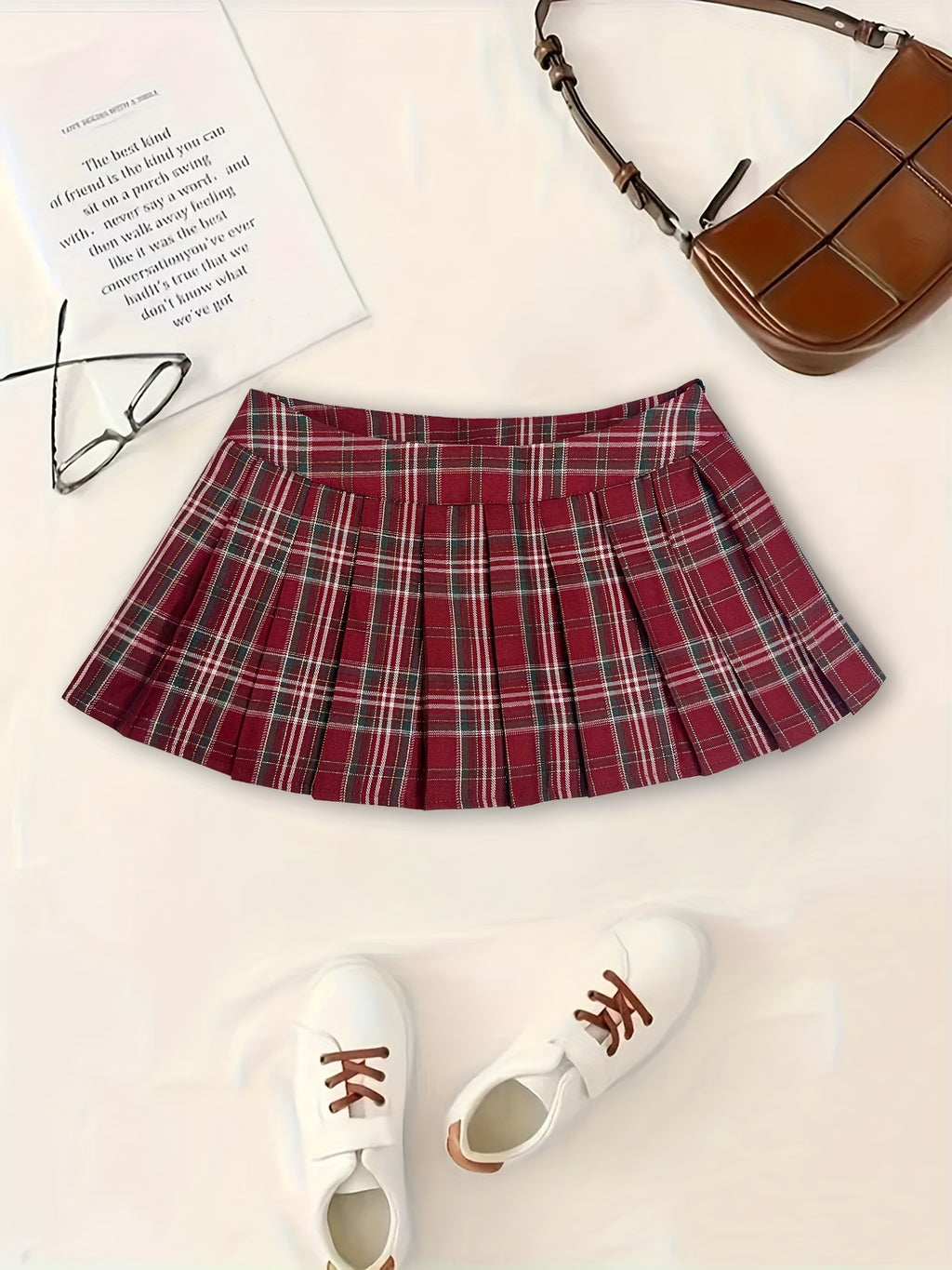 Elegant Golden Jujube Red Plaid Academic Style Low-Waist A-Line Pleated Mini Skirt for Women, Spring/Summer Skirt - Golden Jujube Red