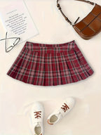 Elegant Golden Jujube Red Plaid Academic Style Low-Waist A-Line Pleated Mini Skirt for Women, Spring/Summer Skirt - Golden Jujube Red