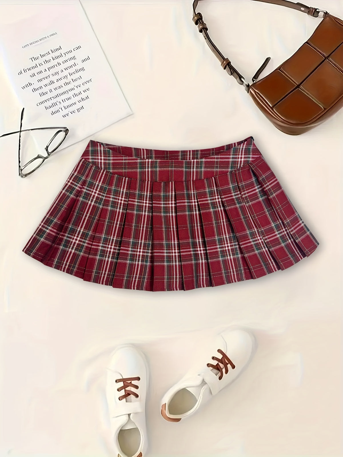 Elegant Golden Jujube Red Plaid Academic Style Low-Waist A-Line Pleated Mini Skirt for Women, Spring/Summer Skirt - Golden Jujube Red