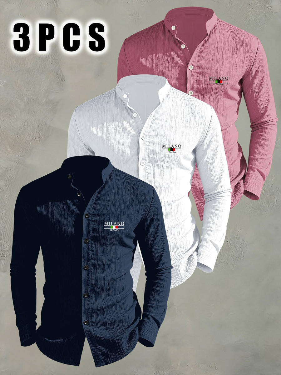 3pcs Men'S Lightweight Breathable Long Sleeve Shirts, Trendy "MILANO" Letter Flag Pattern Print - Fashionable Versatile Stand-Up Collar Comfortable Open Cardigan, Suitable for All Seasons, Beach, Outdoor, Travel Vacation, Party Daily Casual Wear - Navy Blue + White + Rose Red