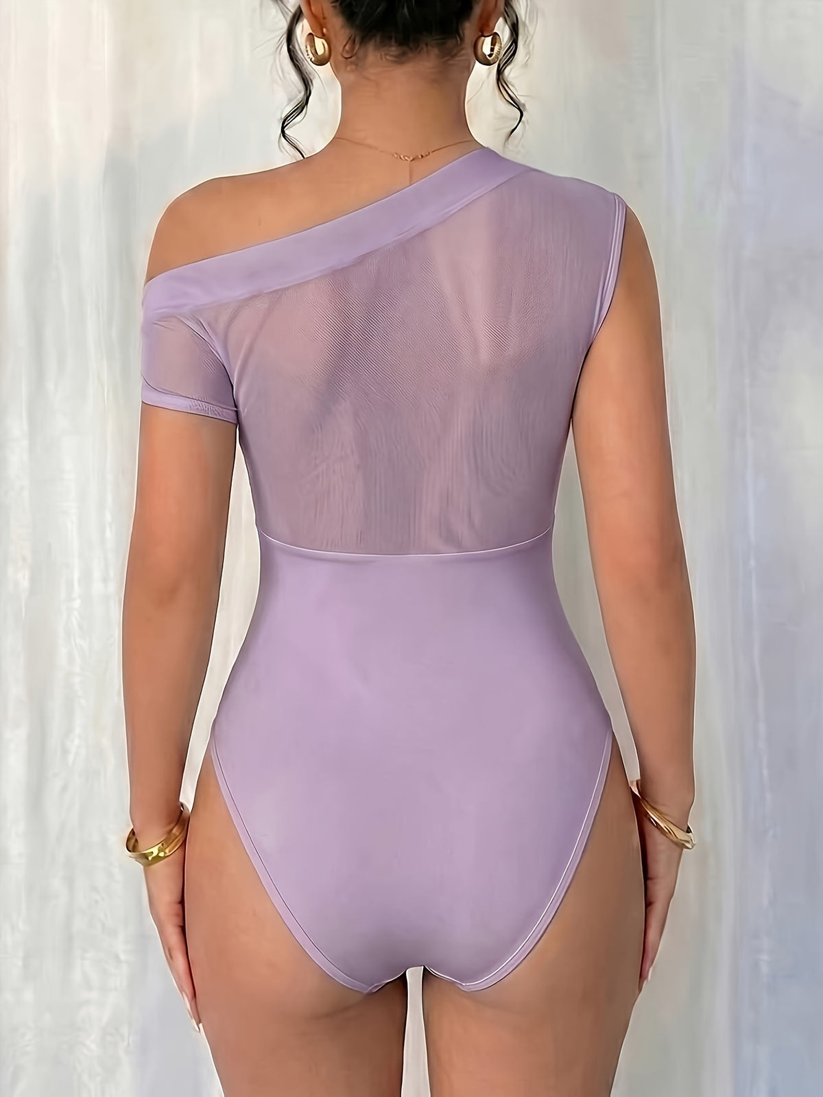 New Women's Versatile Summer Mesh Bodysuit, Elegant and One-shoulder Mesh Patchwork Pleated Bodysuit, Sexy Party and Nightclub Outfit, Elegant Summer Women's Bodysuit. - Light Purple