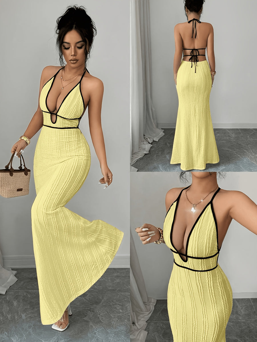 Trendy Women'S Textured Bodycon Cami Dress, Sexy Vacation/Date Night Wear, Black with Edging, Spring Summer - Yellow