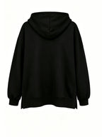 Women'S Fashion Hooded Sweatshirt for Autumn And Winter - Pattern Print Design, Side Slit Detail, Pullover Hoodie - Black