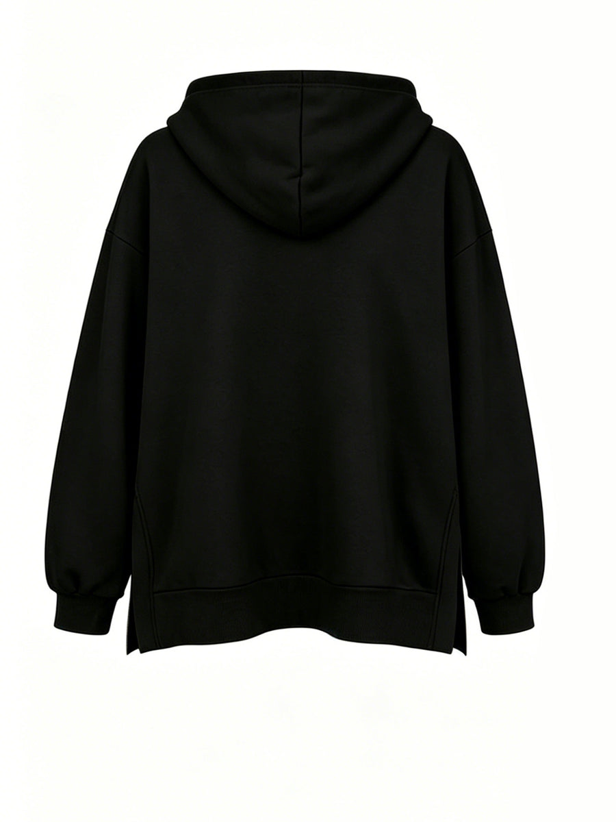 Women'S Fashion Hooded Sweatshirt for Autumn And Winter - Pattern Print Design, Side Slit Detail, Pullover Hoodie - Black