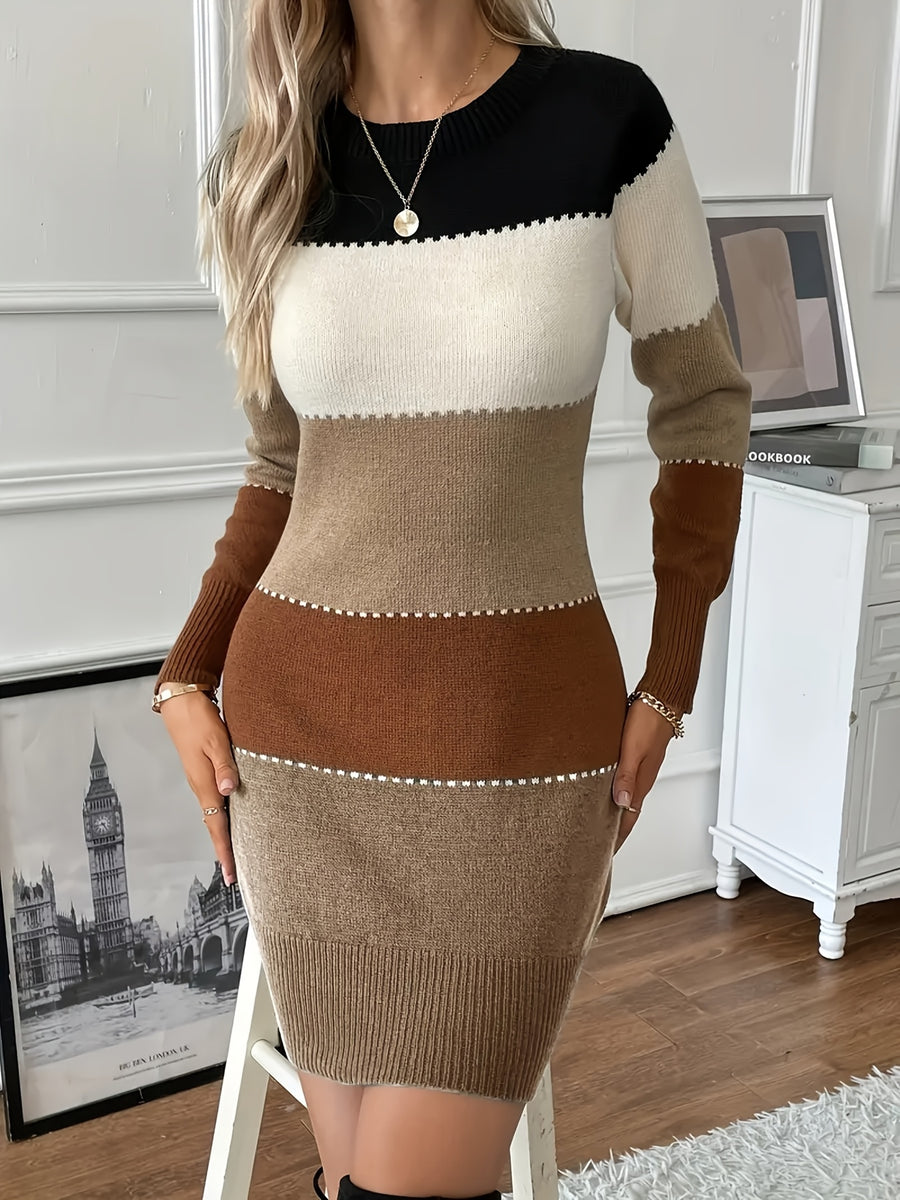 Women'S Easy Slim-Fitting Patchwork Casual Comfortable Color-Block Round Neck Sweater Dress - Camel