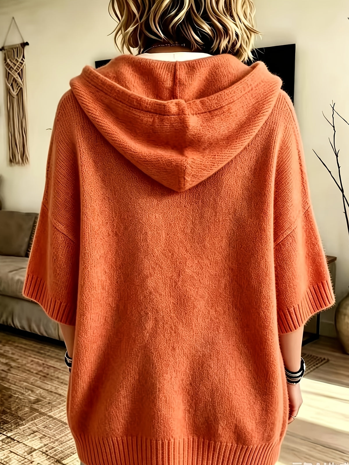 Women's Elegant Casual Three-Quarter Sleeve Drawstring Hooded Sweatshirt - Orange-Red