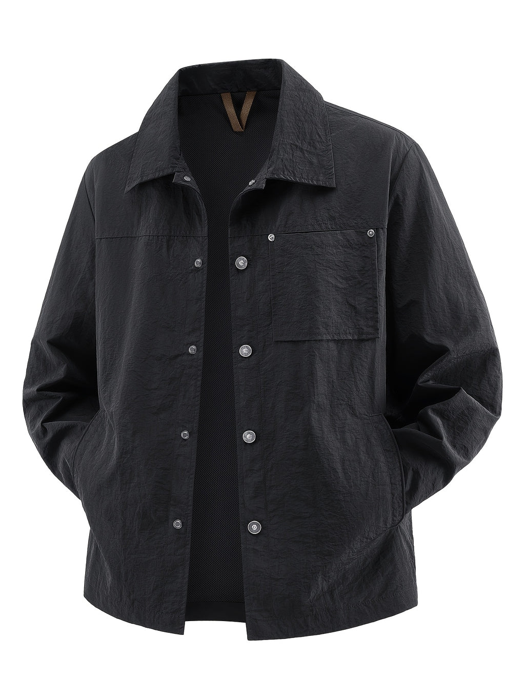 Back to School Season 1pc Men'S Lightweight Shirt Jacket, Button-Front with Chest Pocket And Double Side Pockets, Casual Techwear Style Spring Autumn Loose Fit Daily Commute Travel Outdoor Outerwear - Black