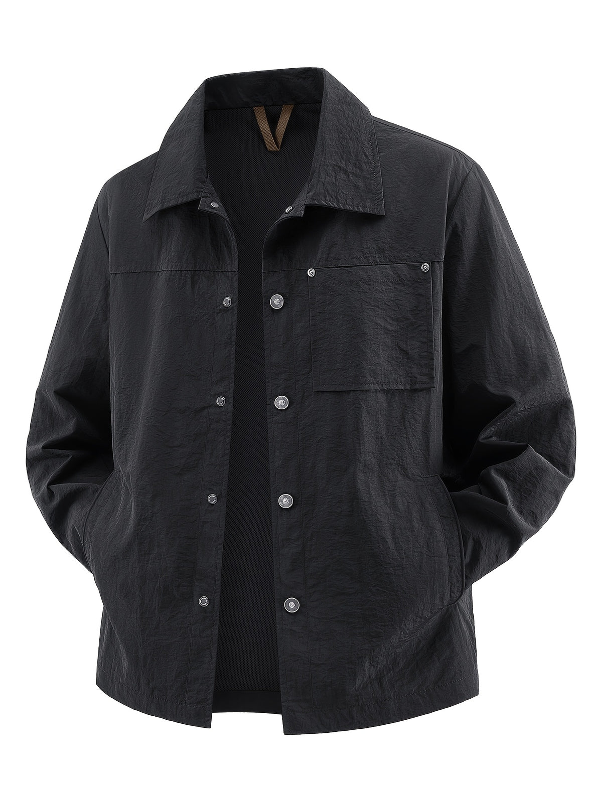Back to School Season 1pc Men'S Lightweight Shirt Jacket, Button-Front with Chest Pocket And Double Side Pockets, Casual Techwear Style Spring Autumn Loose Fit Daily Commute Travel Outdoor Outerwear - Black