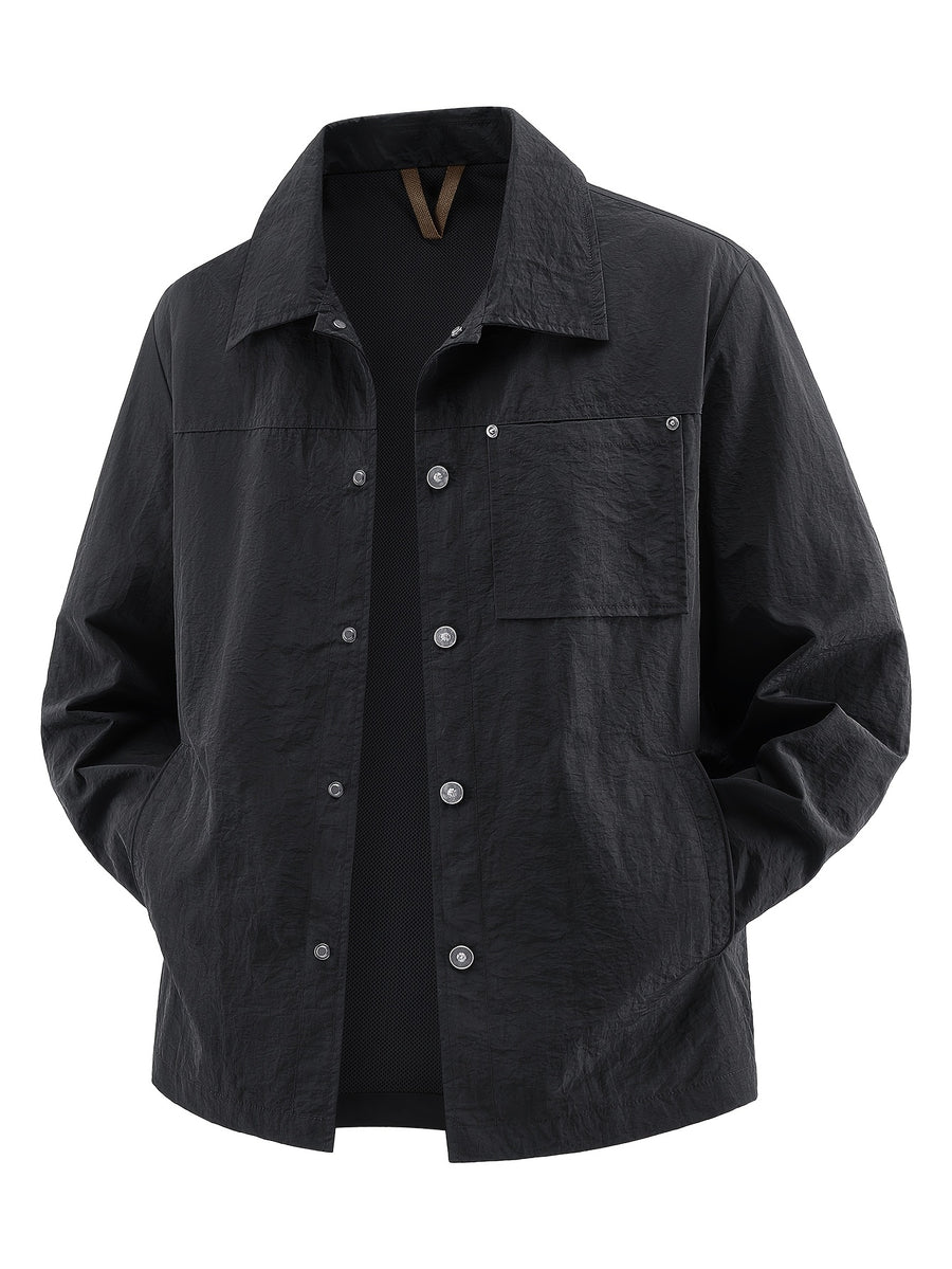 Back to School Season 1pc Men'S Lightweight Shirt Jacket, Button-Front with Chest Pocket And Double Side Pockets, Casual Techwear Style Spring Autumn Loose Fit Daily Commute Travel Outdoor Outerwear - Black