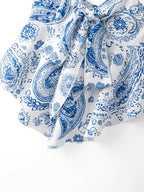 Blue and White Porcelain Print Spaghetti Strap Top with Sweet and Spicy Style Bow Waistband for a Effect - Multicolor