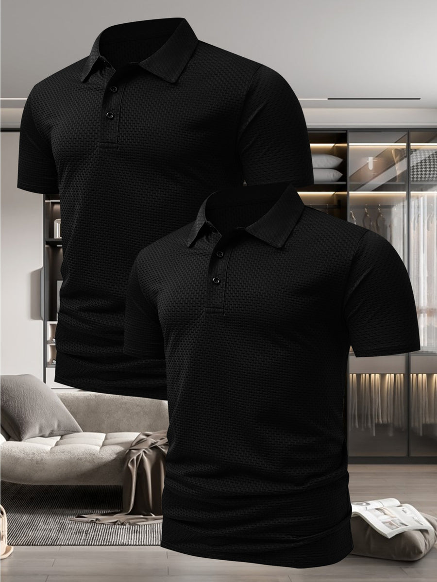 Men'S Stylish Casual Short-Sleeve Polo Shirt, Available in a 2-pc at a Discount! Comfortable T-Shirt Made from New Jacquard Quick-Dry Fabric, Perfect for Outdoor Equestrian And Golf Activities. Fashionable Casual Wear - Black+black