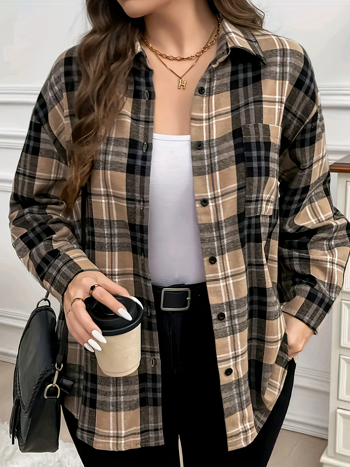 New Women'S Plaid Pattern Button-Pocket Casual Long Sleeve Shirt - Classic Versatile Casual Comfortable All-Season Elegant Shirt - Khaki