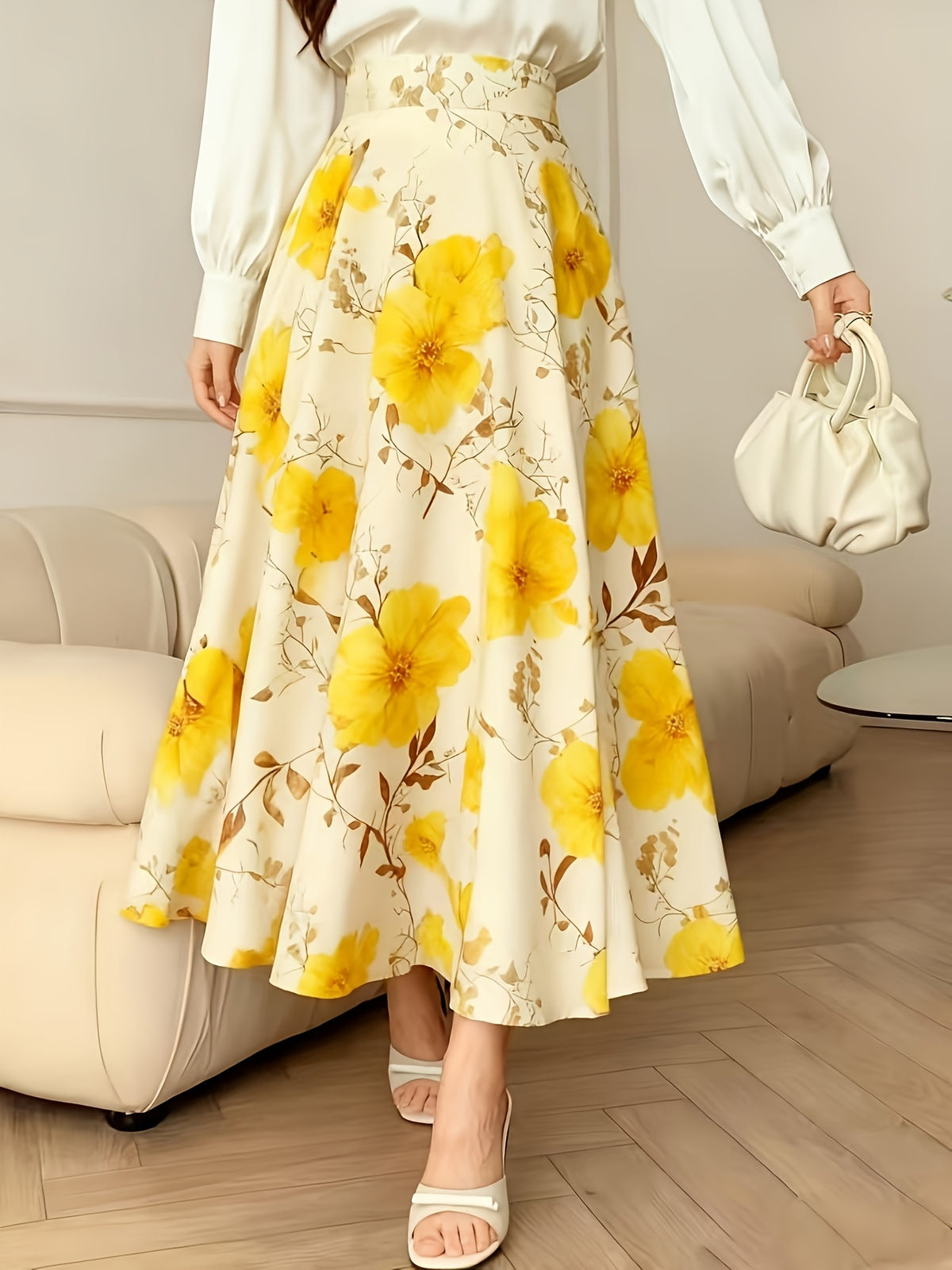 Women's A-Line Skirt with Fashionable Print LL256 - Yellow