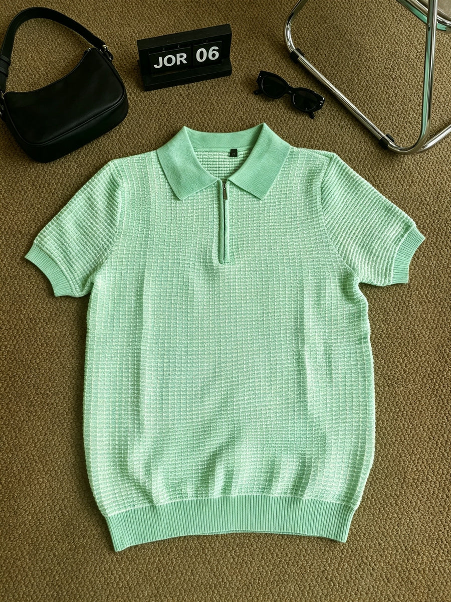 Men's Polo Collar Short Sleeve Waffle Knit Top, Solid Color Lightweight Breathable Casual Pullover - Light Green