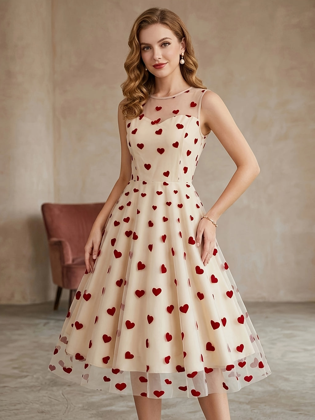 Round Neck Sleeveless Waist-Cinching Valentine'S Day Women'S 50S Retro Dress Back-To- Season Evening Dress - Apricot