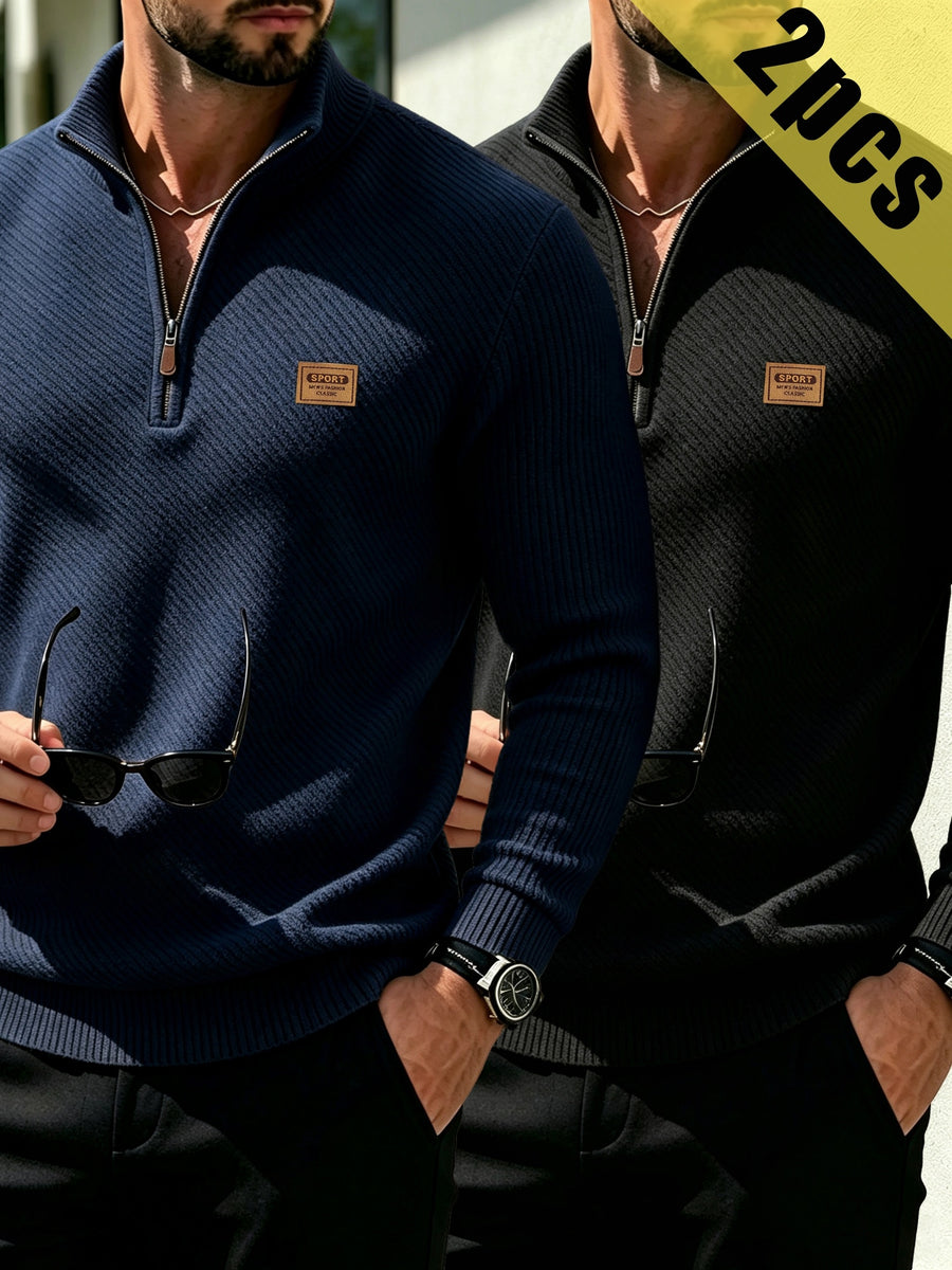 2pcs Men's Fashionable Versatile Top, Twill Texture Half-Zip Stand Collar Long-Sleeve Sweatshirt, Knitted Solid Color Long-Sleeve Casual Top for Daily Leisure, Sports & Fitness, Fashionable and Versatile. Soft, Comfortable, and Stylish Solid Color - Navy Blue + Black