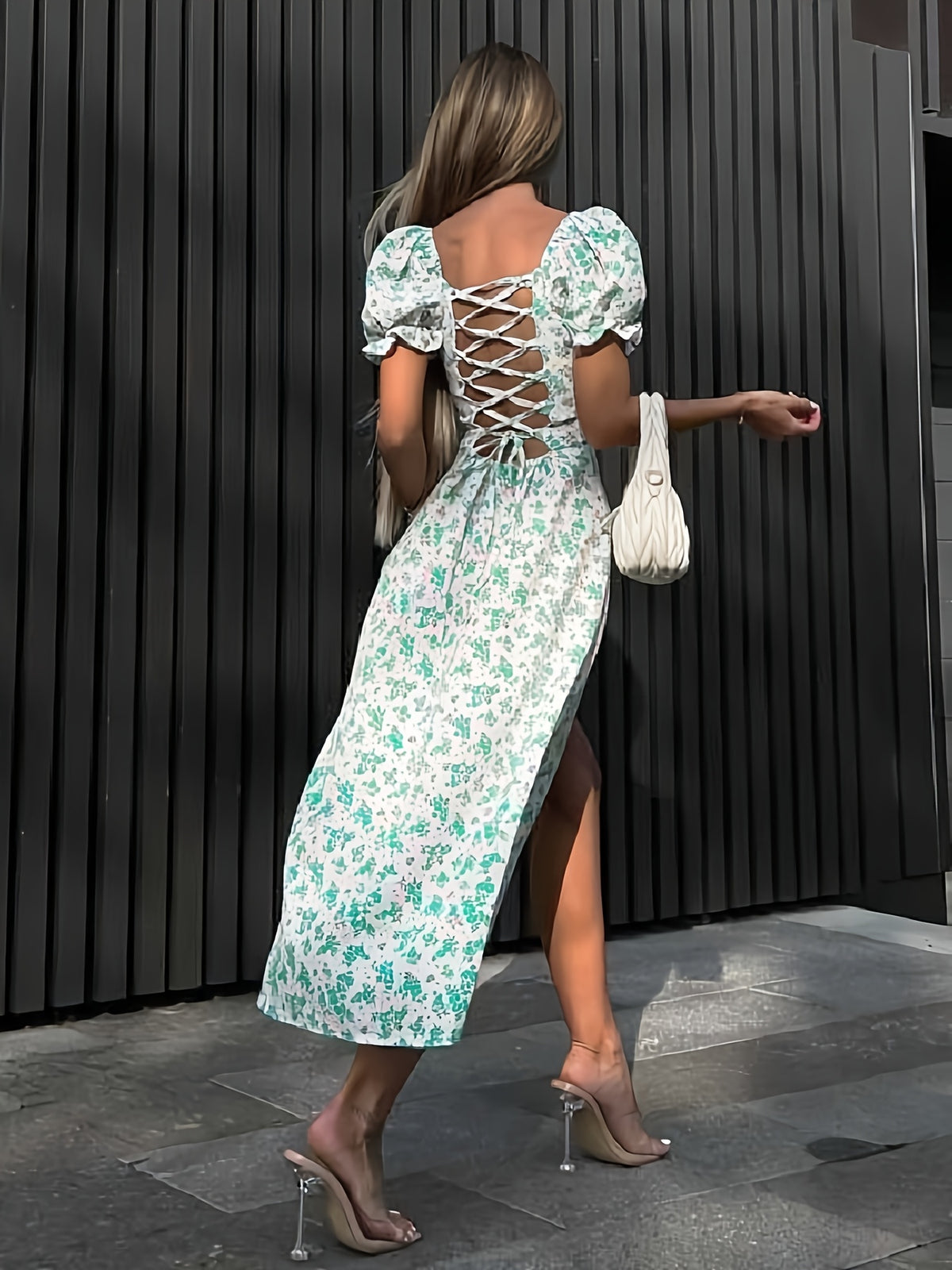 French-Style Dress - Heart-shaped Neckline with Puff Short Sleeves, Small Floral Print Design, Waist-Cinching High Slit for a Fresh and Gentle Look, Suitable for Dates, Vacations, Afternoon Tea, and Beach Photoshoots. +YYTT - Viridity