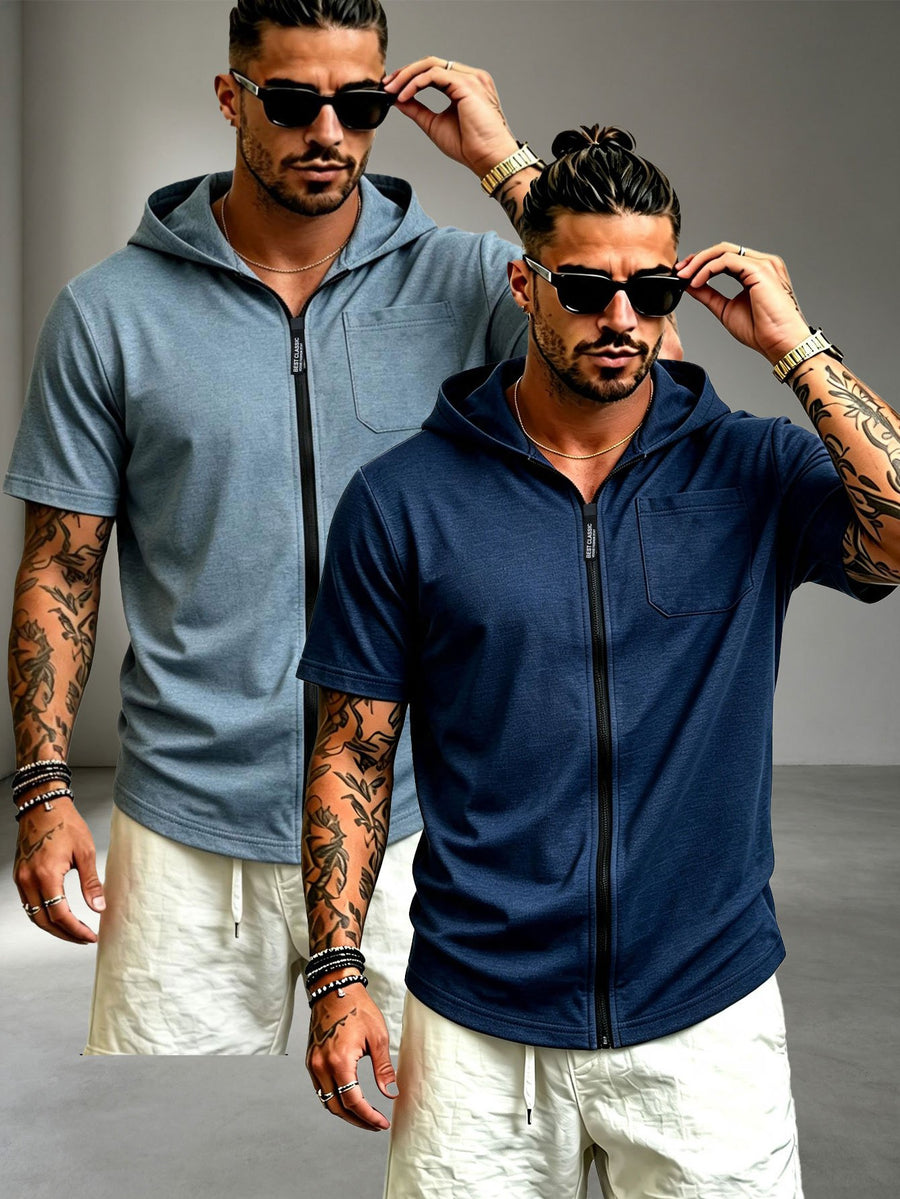 2pcs Men's Casual Sports Zipper Hooded Short-sleeved T-shirt Jacket Suitable for Sports Fitness, Beach Vacation - Blue + Navy