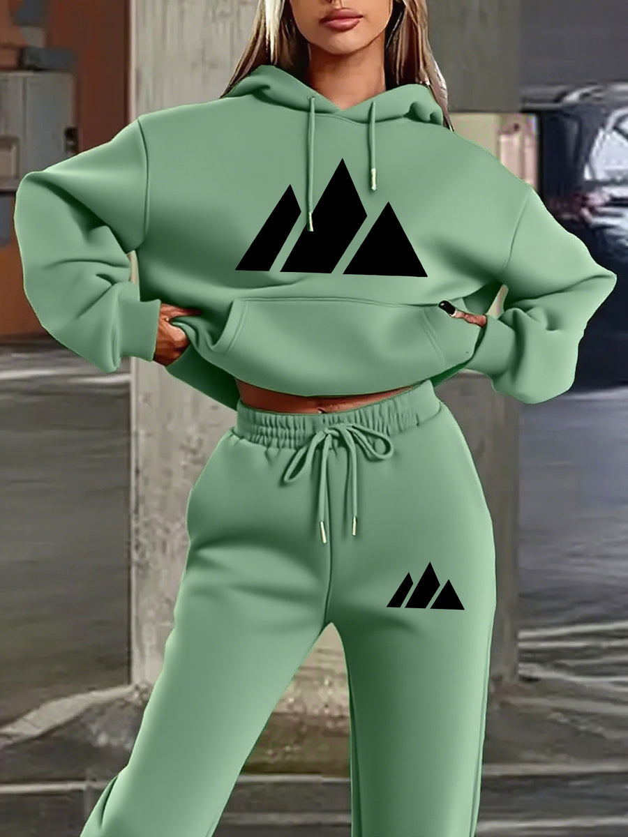 Hoodie Set with Black Triangle Pattern Letter Print Standard Round Neck - Green