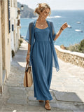 Women's Solid Color Camisole Maxi Dress + Lightweight Chiffon Cardigan 2pcs Set for Spring, Summer, and Autumn. This Lightweight Chiffon Cardigan and Camisole Dress 2pcs Set Is Suitable for Seaside Beaches, Island Trips, Afternoon Tea - Blue