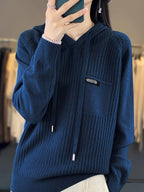 Women's Medium-weight Button-up Hooded Pullover Sweater, Solid Color Long Sleeves, Fashionable Casual Style - Algae Blue
