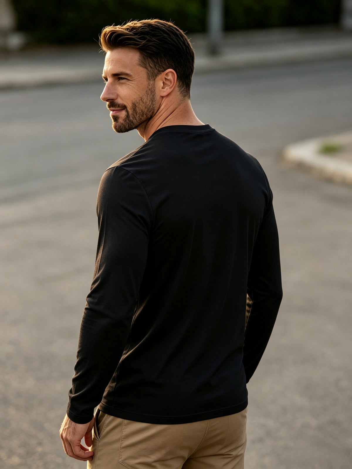100% Men's V-neck Long-sleeve T-shirt, Men's Knitted Sweatshirt, Casual Sportswear Outdoor Top - Black
