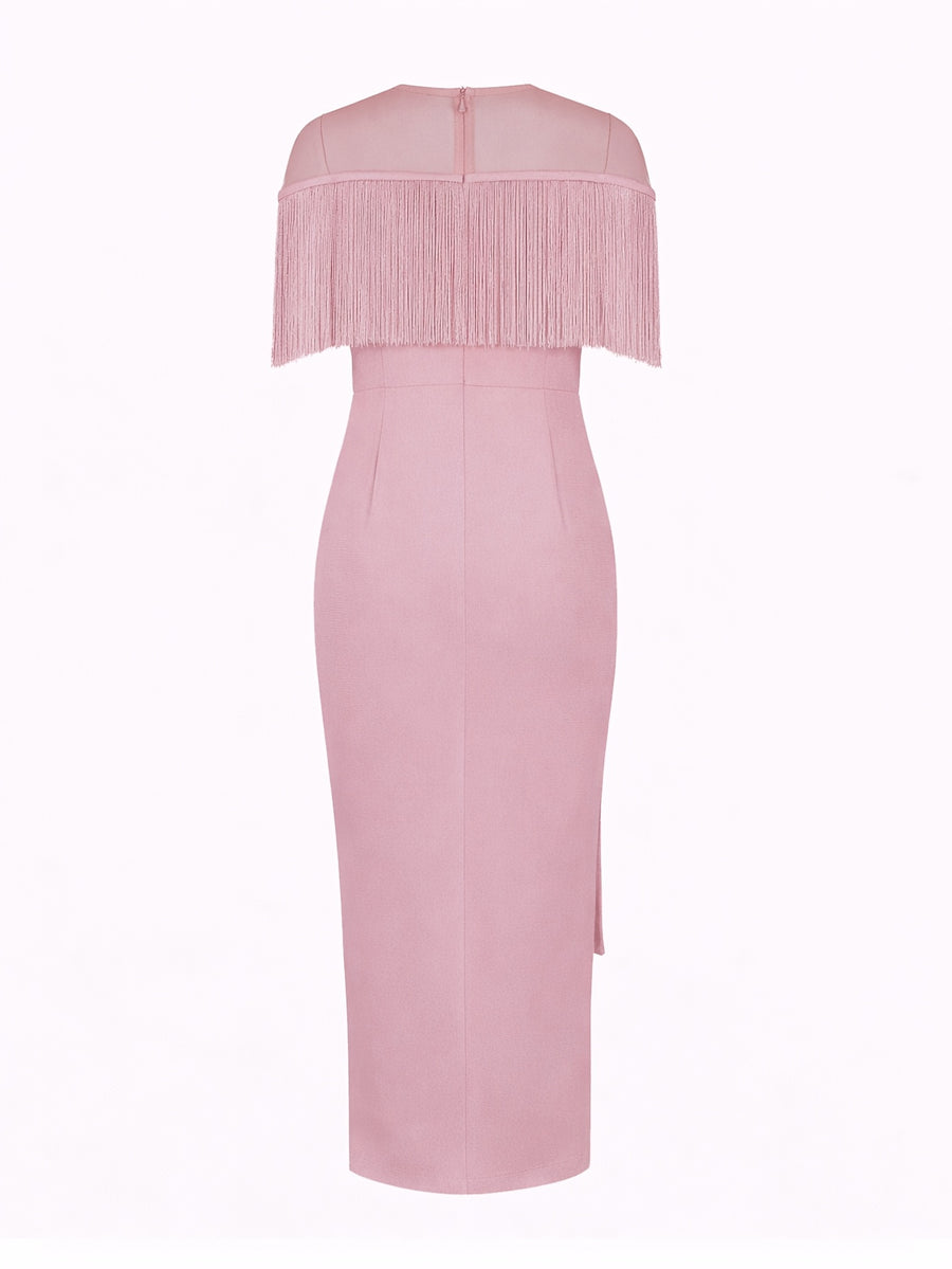 Women'S Sexy Tassel Long Dress Fashion See-Through Mesh Slim Fit Dress Prom Gown Party Celebration Event - Pink