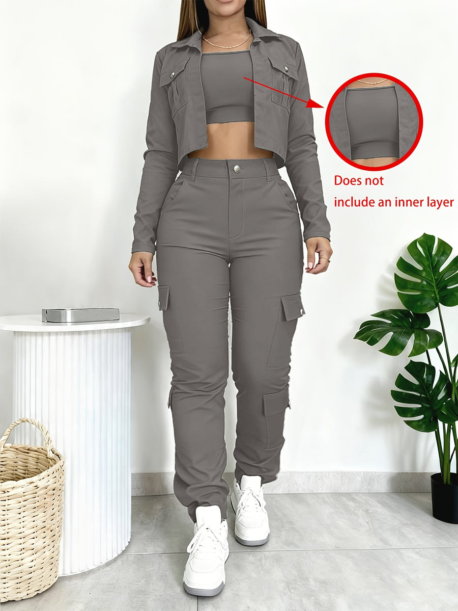 Women's Versatile 2pcs Set Featuring a Slim-fit V-neck Cropped Shirt and American-style Wide-leg Pants with Multiple Pockets, Sold Without an Inner Top - Grey