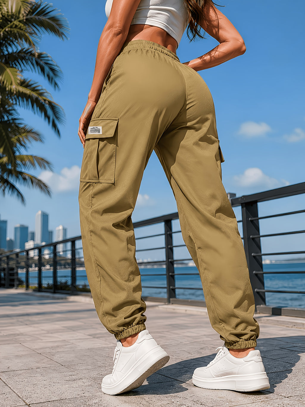 New Women'S Ankle-Cinching Cargo Pants, Side Flap Pocket Drawstring Elastic Waist Long Trousers, Multi-Pocket Casual Street Style Pants, Outdoor Hiking Bottoms - Yellowish-brown