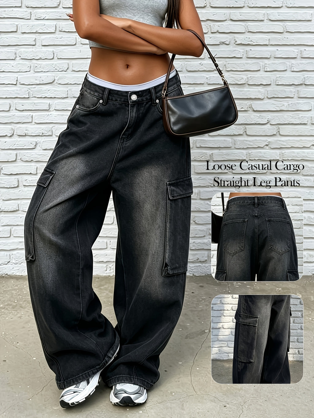 Women'S Cargo Jeans, Hot Y2K Side Big Pocket Baggy Wide Leg Streetwear Denim Trousers - Black