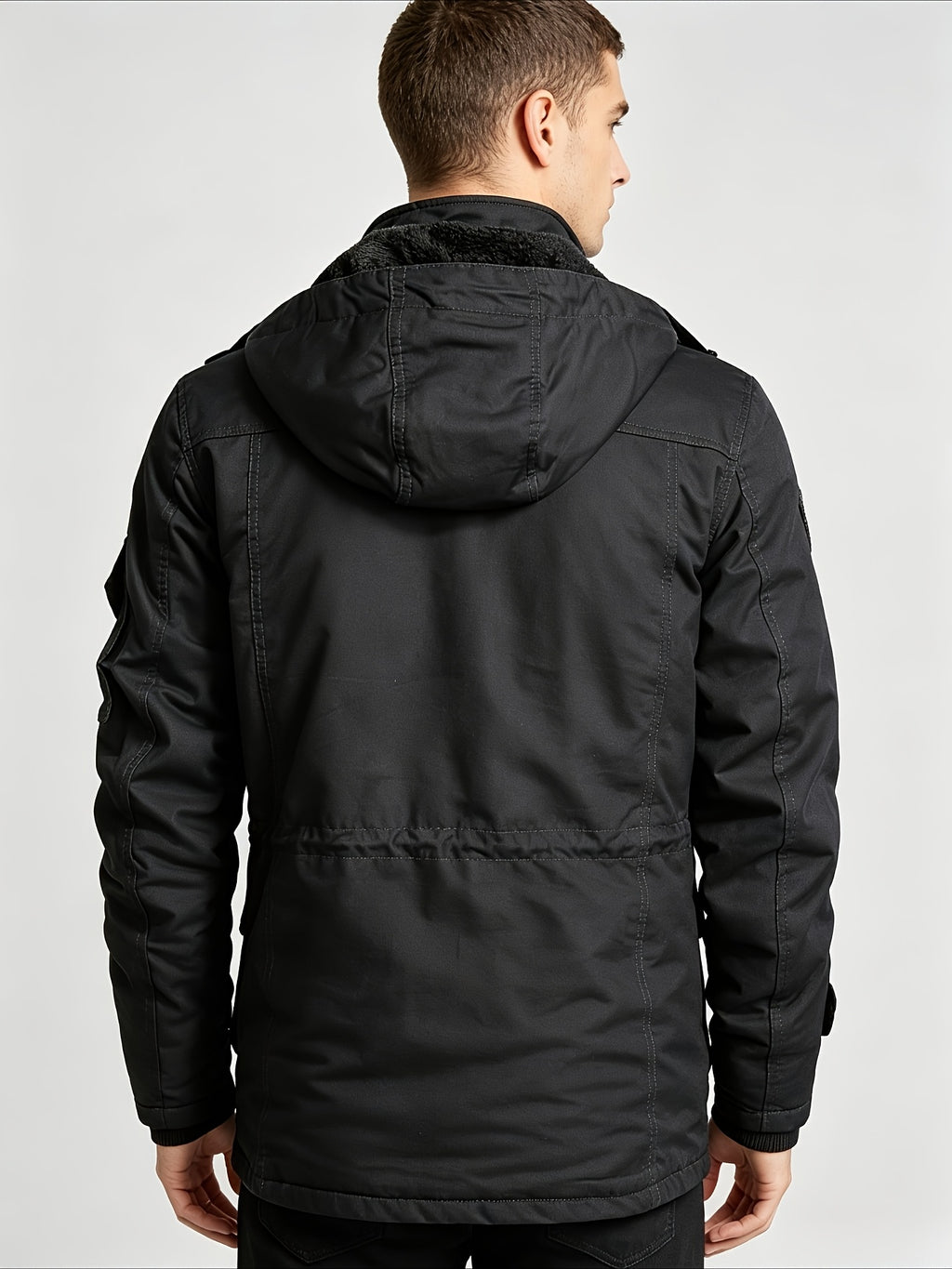 TNZI Men' Vintage Washed Hooded Cargo Jacket - Multi-Button & Zipper Hooded Coat with Collar, Half-Door Zipper Closure, Button Utility Outerwear Suitable for Business Commute, Outdoor Hiking, Winter Streetwear Jacket - Black