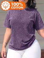 Solid Color - Summer Drop-Shoulder Casual Retro Washed T-Shirt, 100% Pure Retro Washed Short Sleeve, Street Style Wear, Suitable for Everyday Outings, Retro Summer Casual Vacations, Women'S Fashionable And Versatile Top - Purple